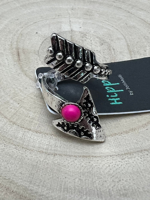 Arrow Head Cuff Ring with Faux Pink Stone - Cowhide and Conchos