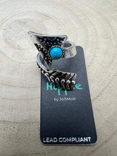 Arrow Head Cuff Ring with Faux Turquoise Stone - Cowhide and Conchos