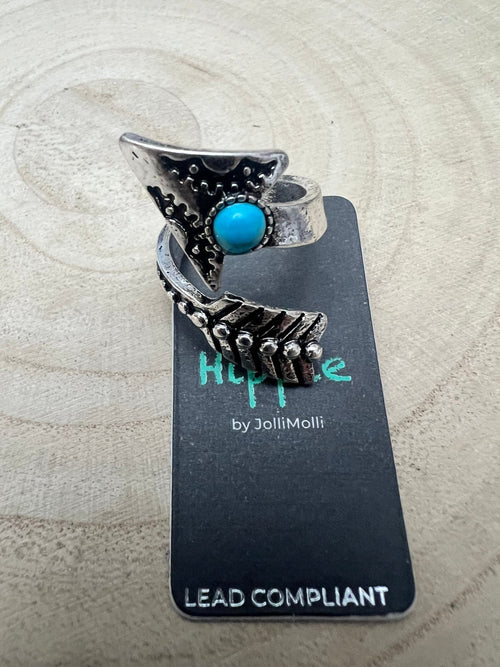 Arrow Head Cuff Ring with Faux Turquoise Stone - Cowhide and Conchos