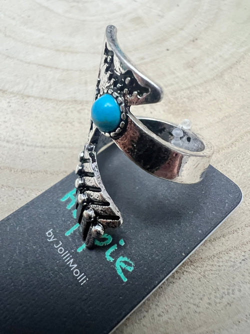 Arrow Head Cuff Ring with Faux Turquoise Stone - Cowhide and Conchos