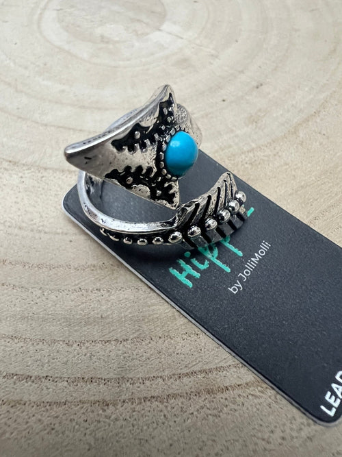 Arrow Head Cuff Ring with Faux Turquoise Stone - Cowhide and Conchos