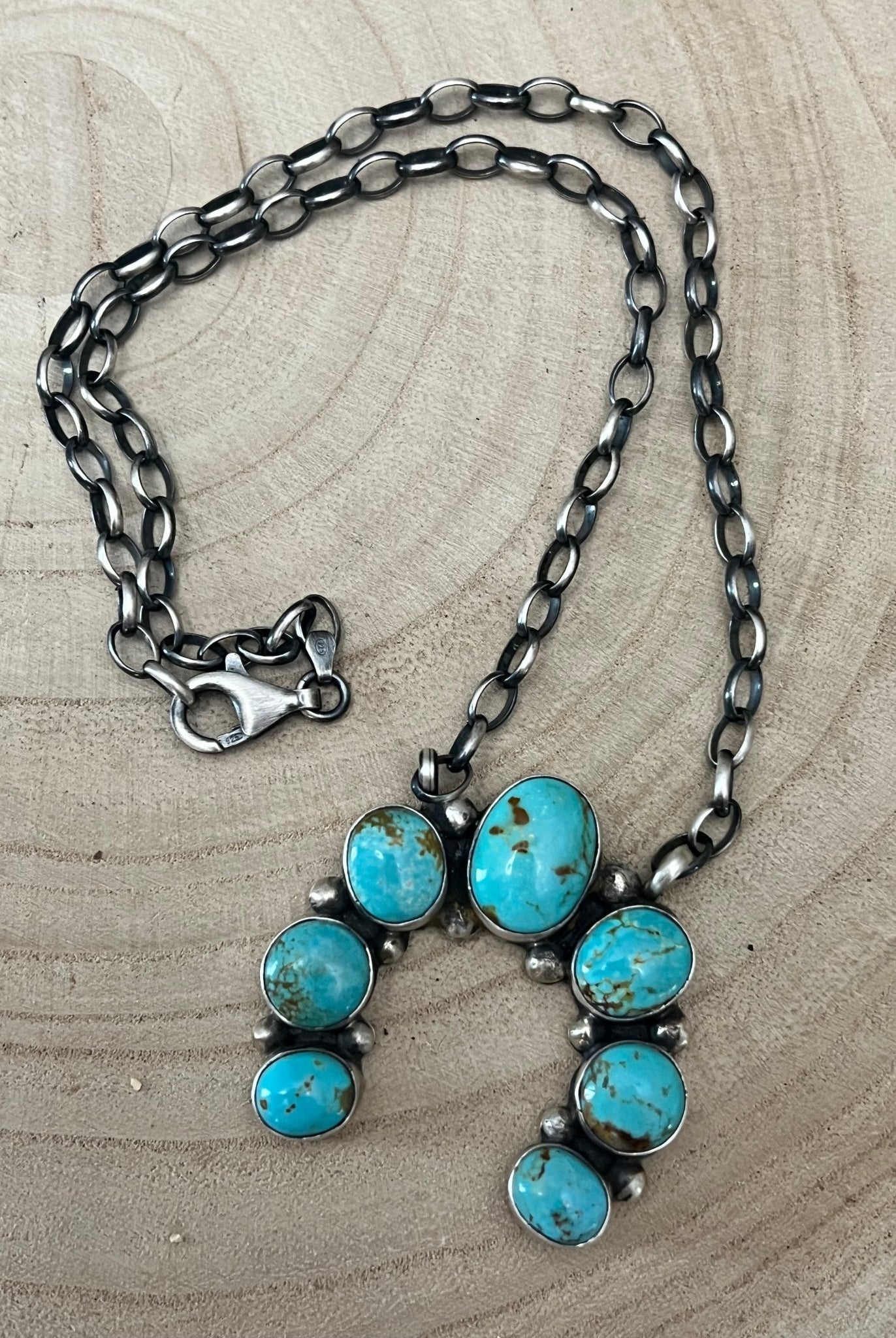 Augustine Largo Navajo Handmade Kingman Naja Necklace - 18 inch - Cowhide and Conchos