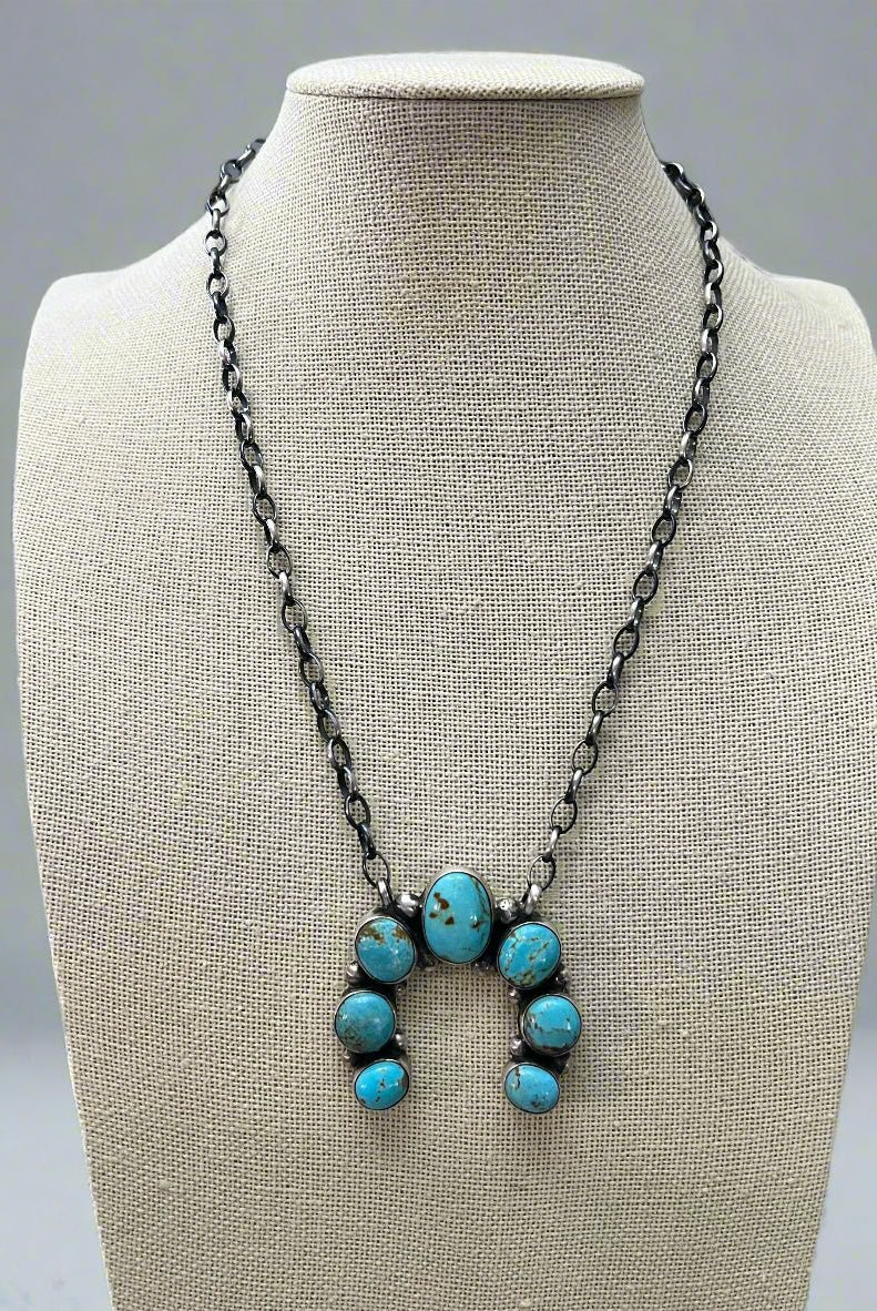 Augustine Largo Navajo Handmade Kingman Naja Necklace - 18 inch - Cowhide and Conchos