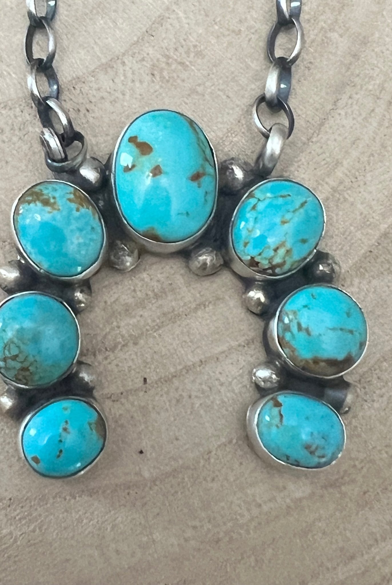 Augustine Largo Navajo Handmade Kingman Naja Necklace - 18 inch - Cowhide and Conchos