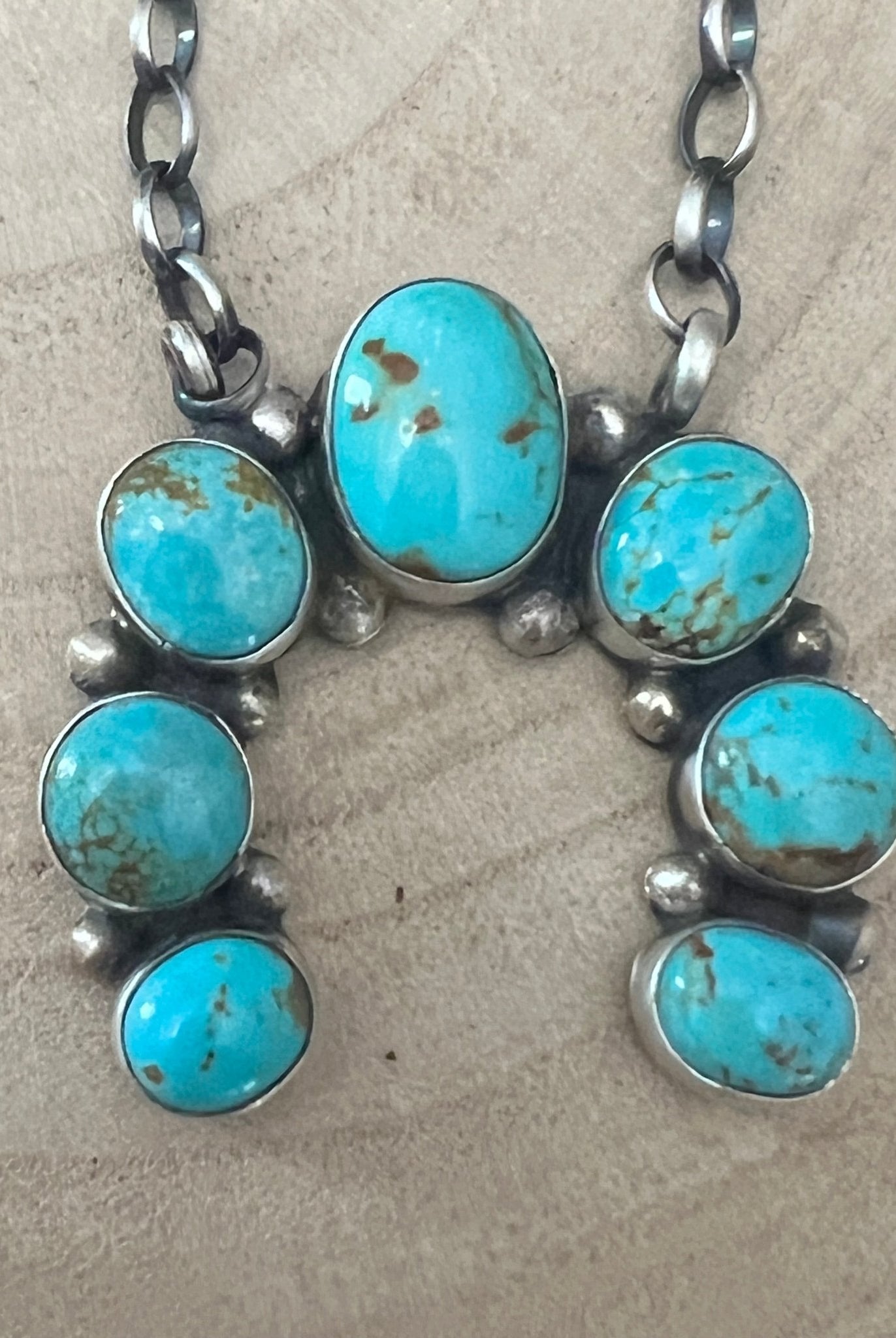 Augustine Largo Navajo Handmade Kingman Naja Necklace - 18 inch - Cowhide and Conchos