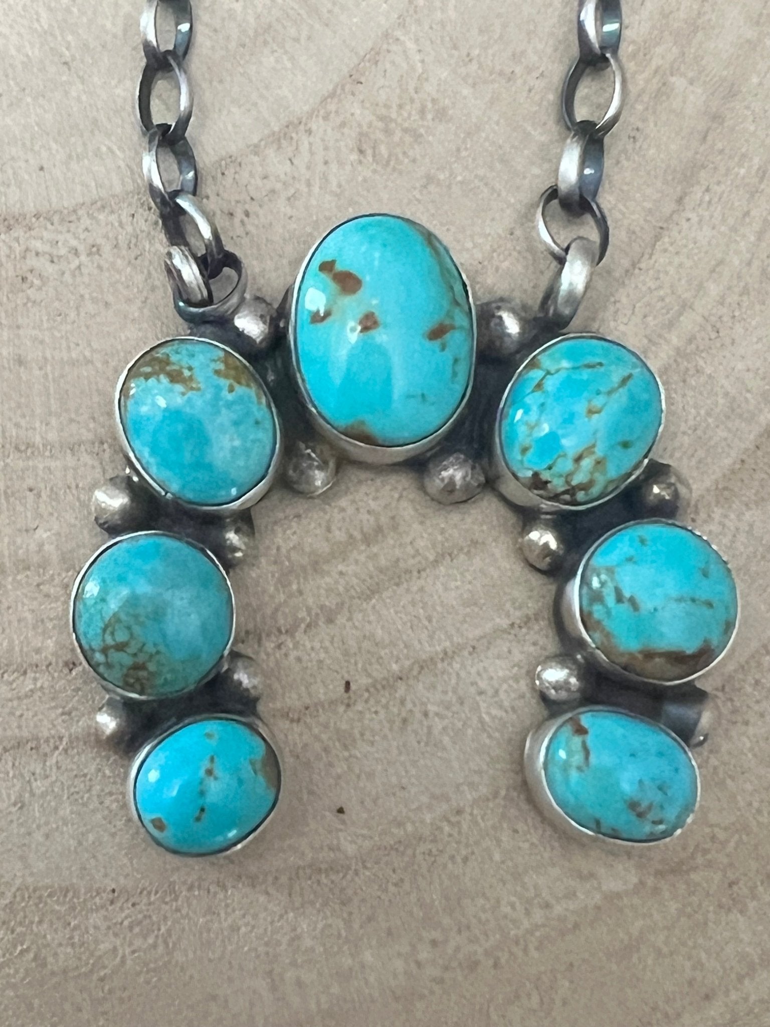 Augustine Largo Navajo Handmade Kingman Naja Necklace - 18 inch - Cowhide and Conchos