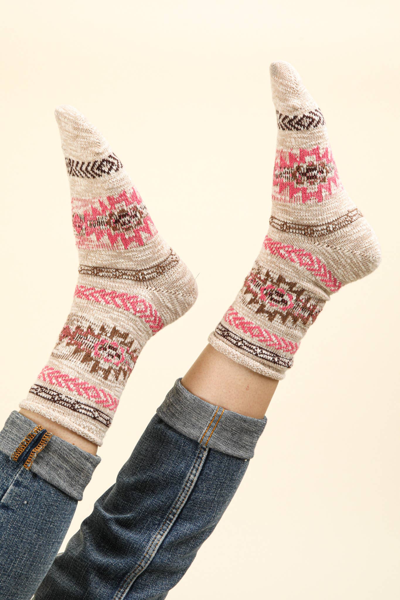 Aztec Graphic Cozy Crew Socks - Cowhide and Conchos