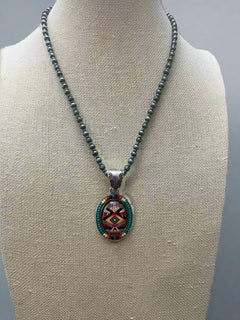 Aztec Pendant with Faux Pearls and Seed Beads - 16 inch necklace - Cowhide and Conchos