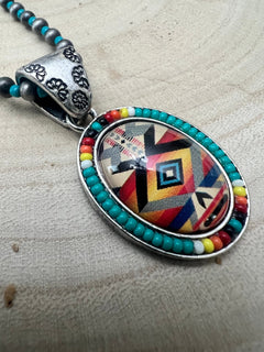 Aztec Pendant with Faux Pearls and Seed Beads - 16 inch necklace - Cowhide and Conchos