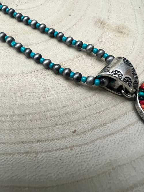 Aztec Pendant with Faux Pearls and Seed Beads - 16 inch necklace - Cowhide and Conchos