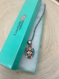 Aztec Pendant with Faux Pearls and Seed Beads - 16 inch necklace - Cowhide and Conchos