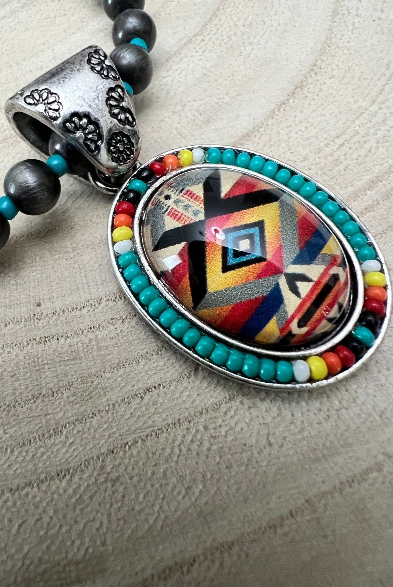 Aztec Pendant with Seed Bead and Faux Pearl and Turquoise Stretch Bracelet - Cowhide and Conchos