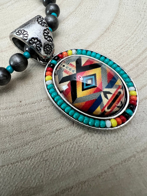 Aztec Pendant with Seed Bead and Faux Pearl and Turquoise Stretch Bracelet - Cowhide and Conchos