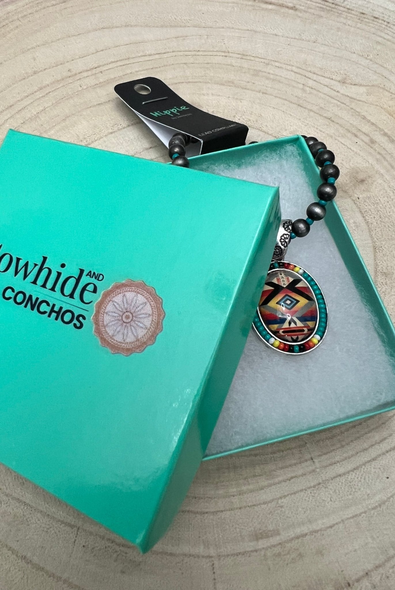 Aztec Pendant with Seed Bead and Faux Pearl and Turquoise Stretch Bracelet - Cowhide and Conchos