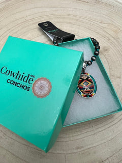 Aztec Pendant with Seed Bead and Faux Pearl and Turquoise Stretch Bracelet - Cowhide and Conchos