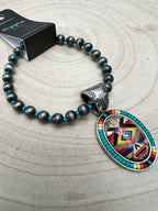 Aztec Pendant with Seed Bead and Faux Pearl and Turquoise Stretch Bracelet - Cowhide and Conchos