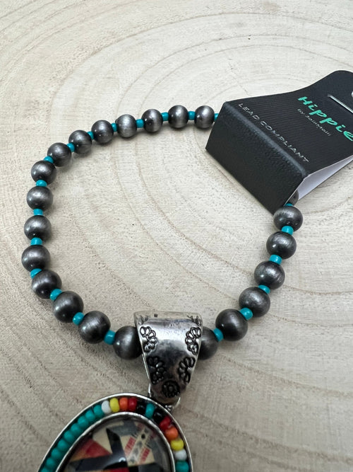 Aztec Pendant with Seed Bead and Faux Pearl and Turquoise Stretch Bracelet - Cowhide and Conchos
