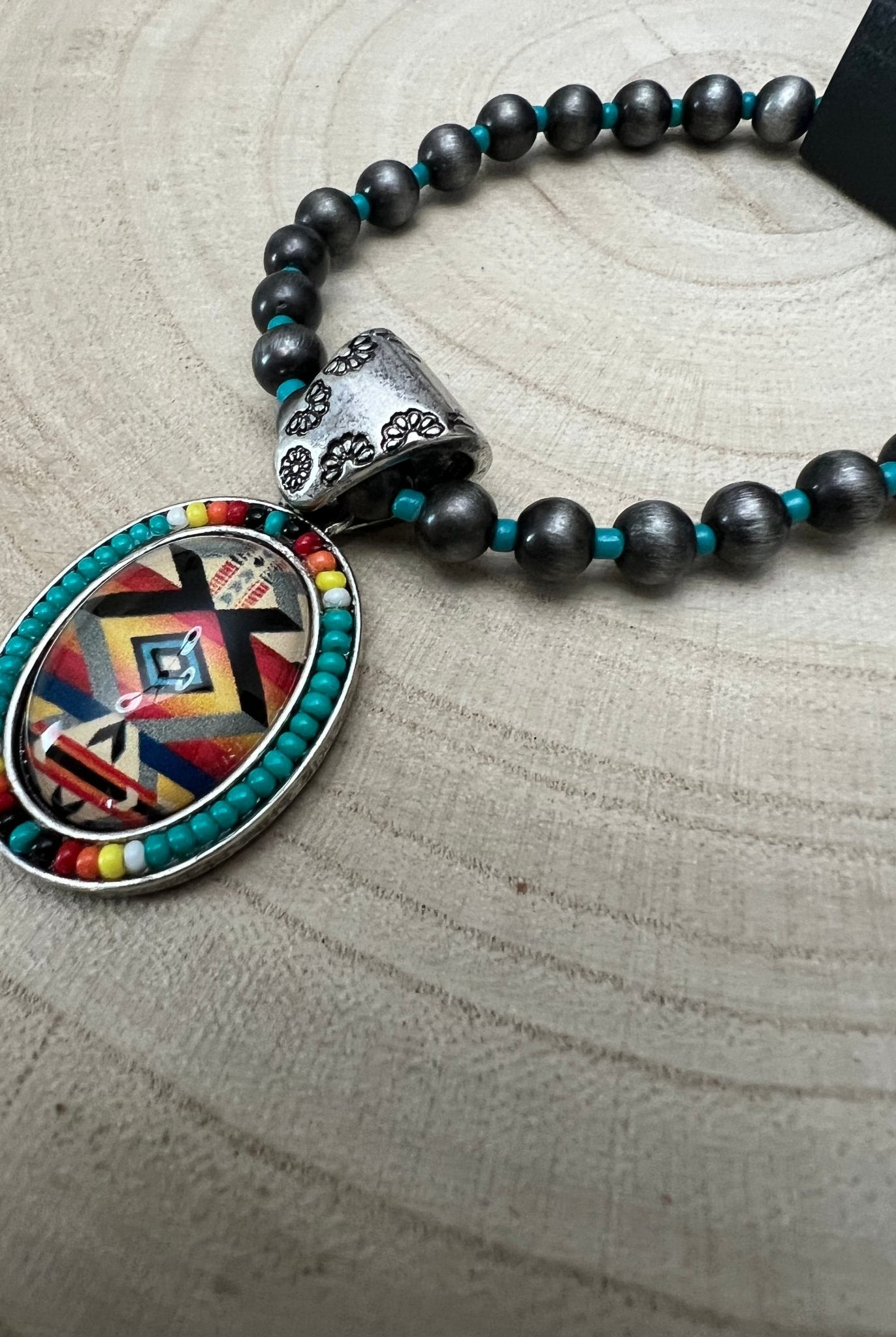 Aztec Pendant with Seed Bead and Faux Pearl and Turquoise Stretch Bracelet - Cowhide and Conchos