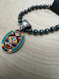 Aztec Pendant with Seed Bead and Faux Pearl and Turquoise Stretch Bracelet - Cowhide and Conchos