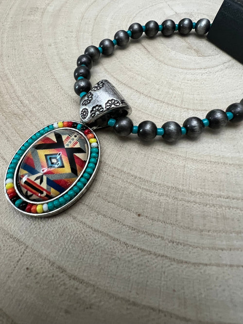 Aztec Pendant with Seed Bead and Faux Pearl and Turquoise Stretch Bracelet - Cowhide and Conchos