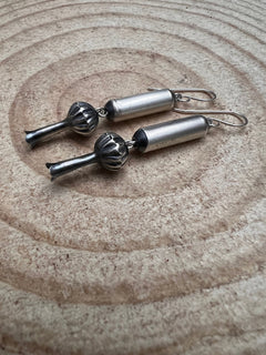 Barrel and Squash Blossom Dangle Earrings by Crystal Hayley - 1 3/4 inch drop - Cowhide and Conchos
