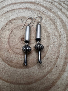 Barrel and Squash Blossom Dangle Earrings by Crystal Hayley - 1 3/4 inch drop - Cowhide and Conchos