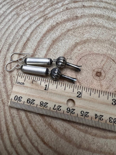 Barrel and Squash Blossom Dangle Earrings by Crystal Hayley - 1 3/4 inch drop - Cowhide and Conchos