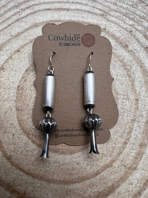 Barrel and Squash Blossom Dangle Earrings by Crystal Hayley - 1 3/4 inch drop - Cowhide and Conchos