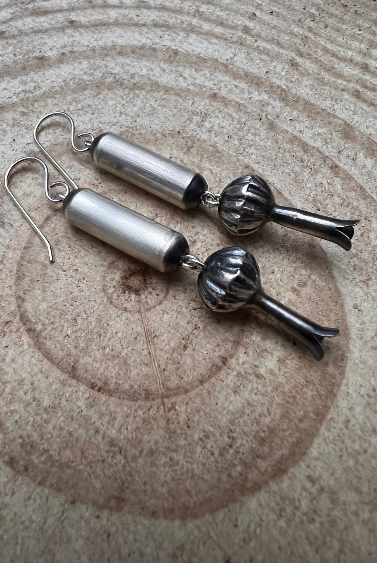 Barrel and Squash Blossom Dangle Earrings by Crystal Hayley - 1 3/4 inch drop - Cowhide and Conchos