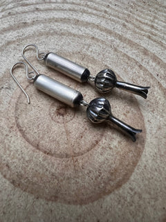 Barrel and Squash Blossom Dangle Earrings by Crystal Hayley - 1 3/4 inch drop - Cowhide and Conchos