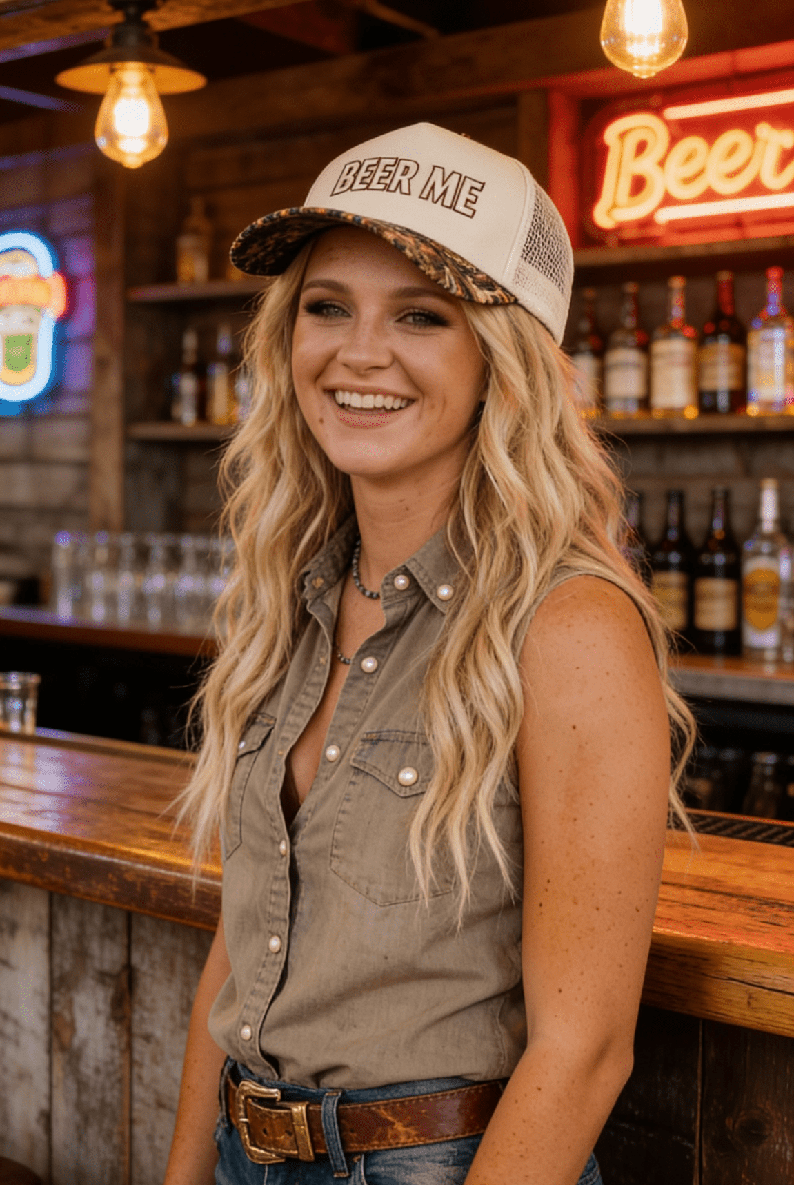 "Beer Me" Embroidered Leopard or Camo Trucker Hat - Cowhide and Conchos