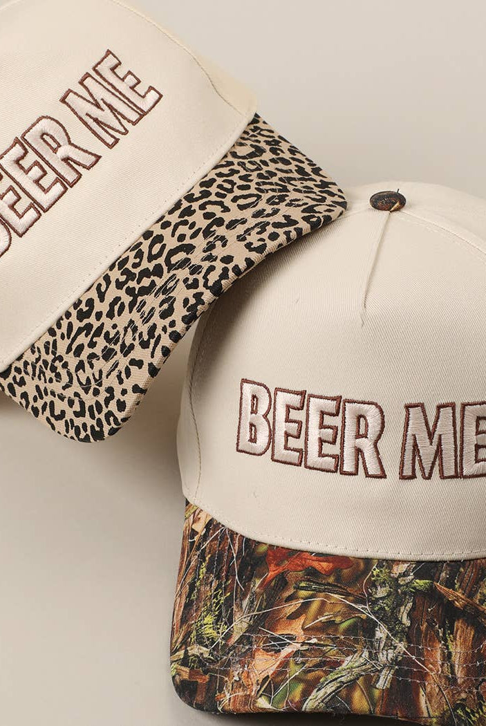BEER ME Embroidered Trucker Hat - Leopard or Camo - Cowhide and Conchos
