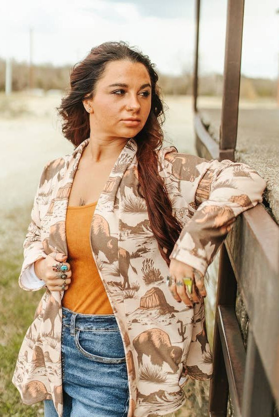 Beige Roaming Buffalo French Terry Cardigan - Cowhide and Conchos