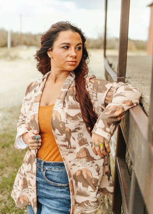 Beige Roaming Buffalo French Terry Cardigan - Cowhide and Conchos