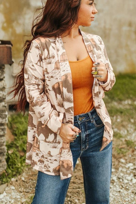 Beige Roaming Buffalo French Terry Cardigan - Cowhide and Conchos