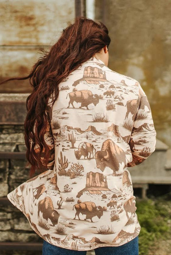 Beige Roaming Buffalo French Terry Cardigan - Cowhide and Conchos