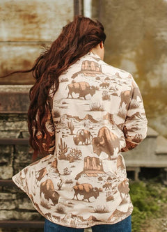 Beige Roaming Buffalo French Terry Cardigan - Cowhide and Conchos