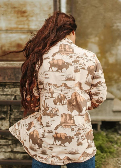 Beige Roaming Buffalo French Terry Cardigan - Cowhide and Conchos