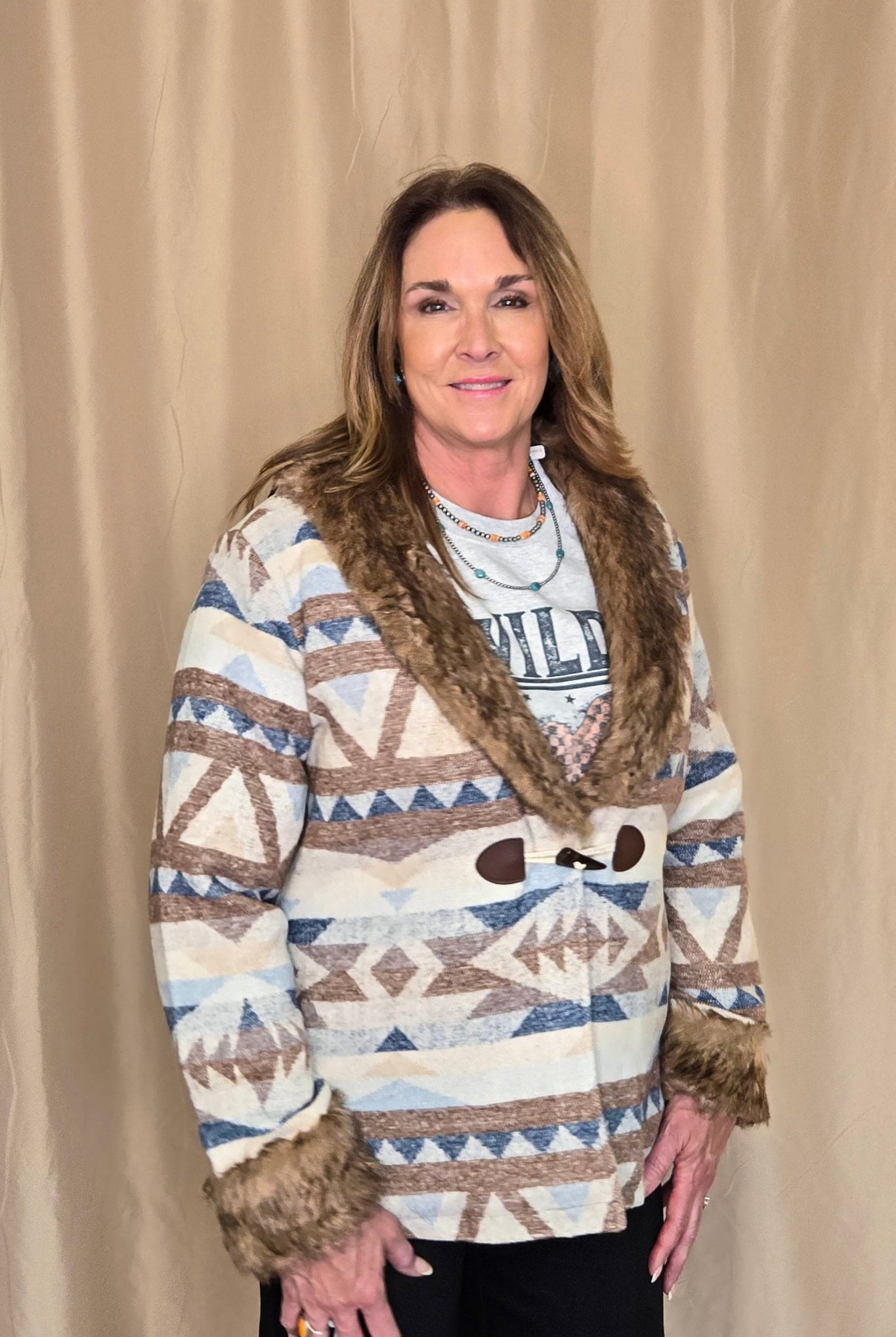 Belle of the West Fur Trimmed Coat - Cowhide and Conchos