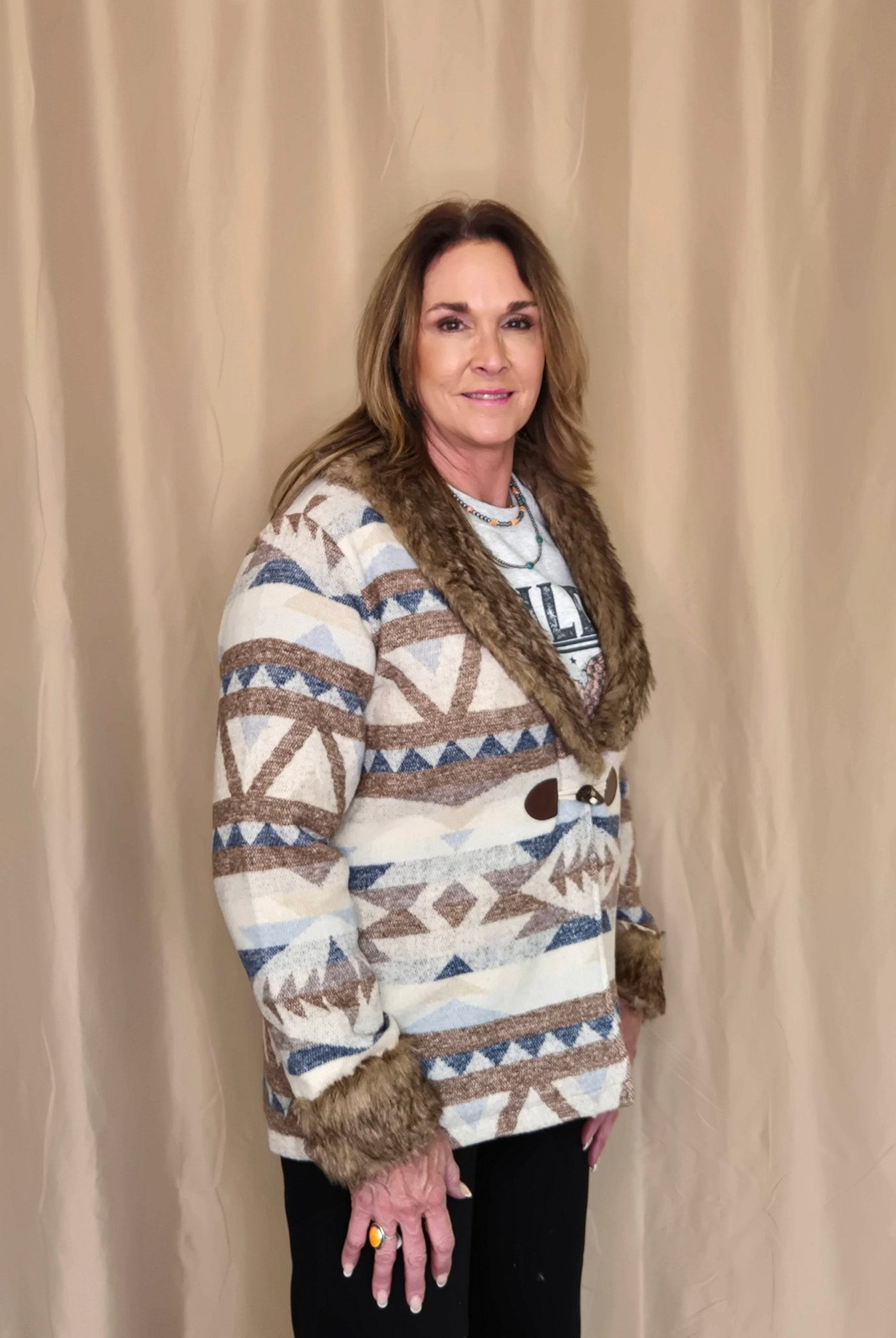 Belle of the West Fur Trimmed Coat - Cowhide and Conchos