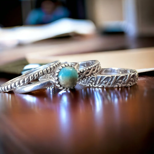 Betty Kingman Sterling Stacker Rings - Set of 4 Sterling Rings - Size 7 - Cowhide and Conchos