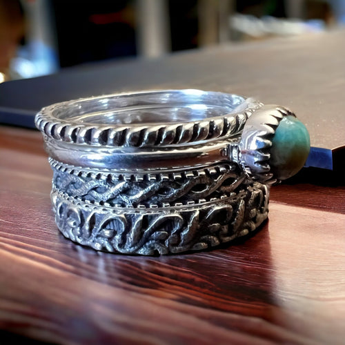 Betty Kingman Sterling Stacker Rings - Set of 4 Sterling Rings - Size 7 - Cowhide and Conchos