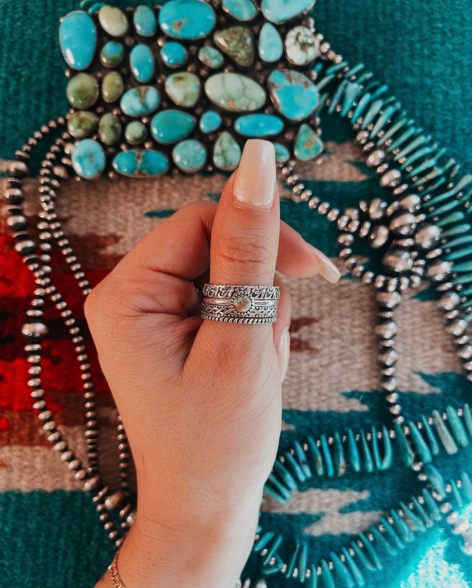 Betty Kingman Sterling Stacker Rings - Set of 4 Sterling Rings - Size 7 - Cowhide and Conchos