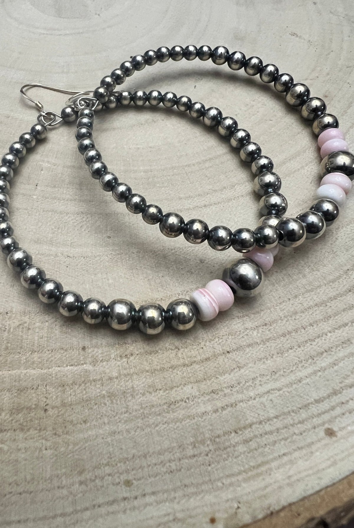 Big Sterling Pearl Hoops with Pink Conch — 2" × 1/2" Graduated 4-5-6-8mm (Handmade in Texas) - Cowhide and Conchos