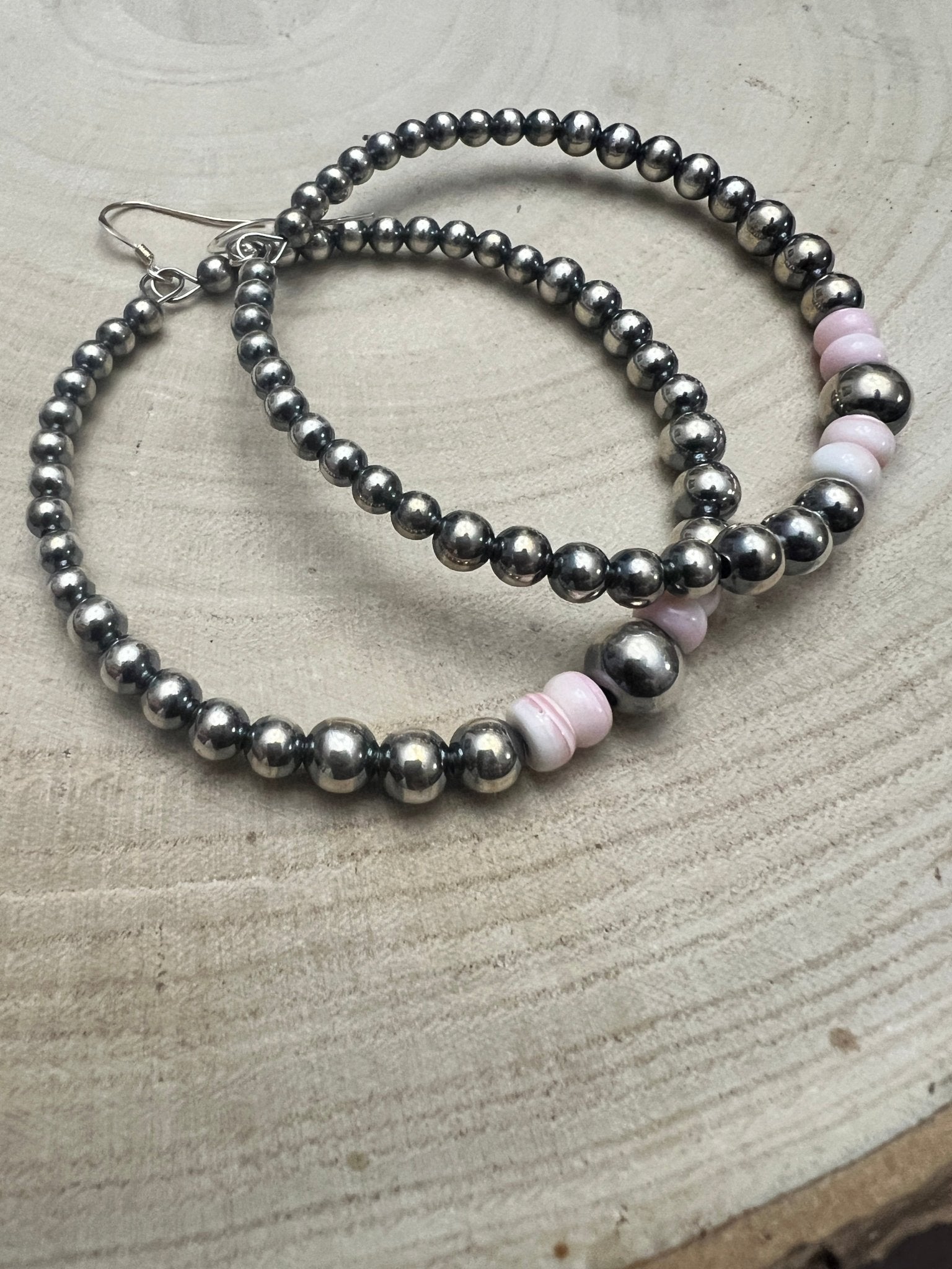 Big Sterling Pearl Hoops with Pink Conch — 2" × 1/2" Graduated 4-5-6-8mm (Handmade in Texas) - Cowhide and Conchos