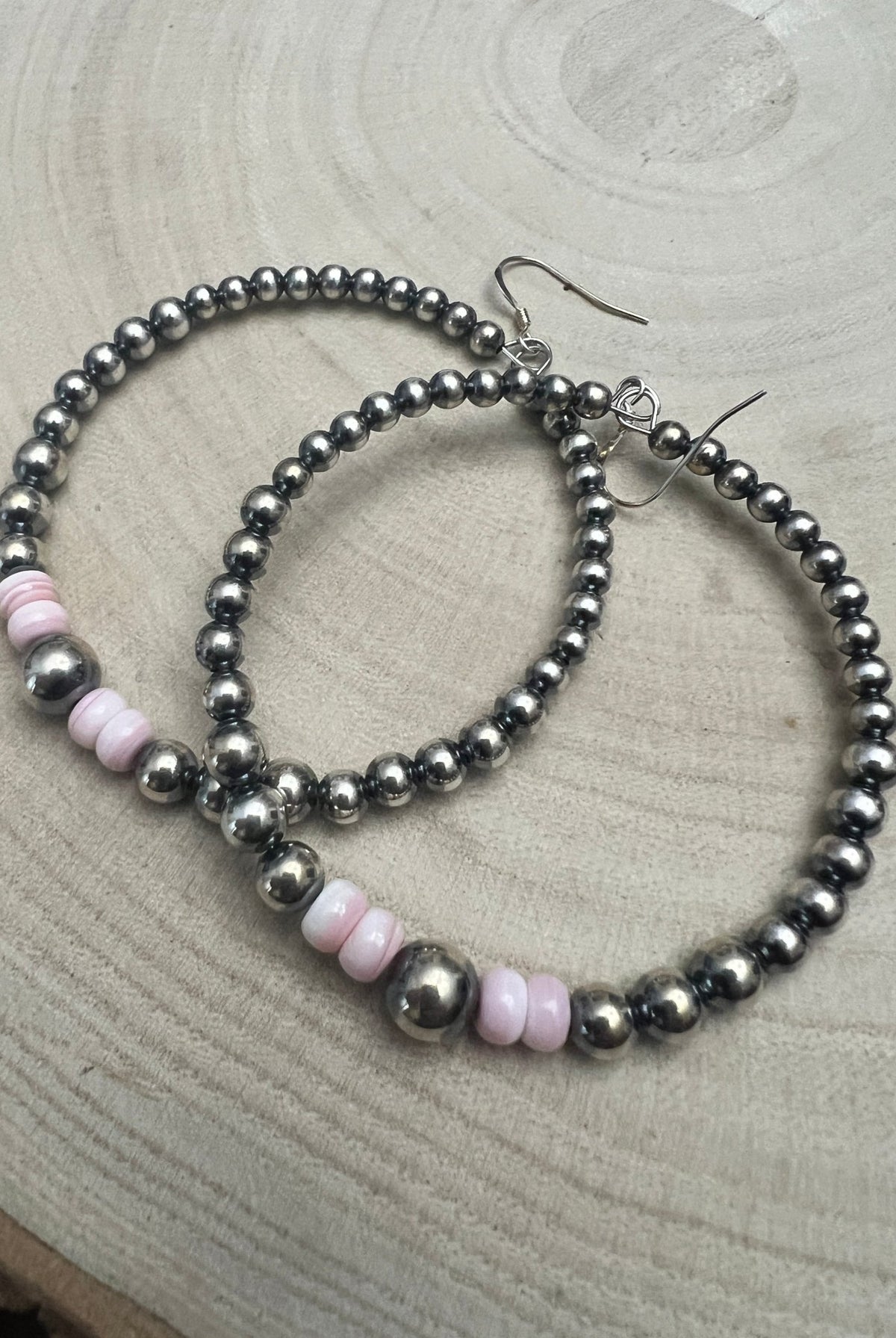 Big Sterling Pearl Hoops with Pink Conch — 2" × 1/2" Graduated 4-5-6-8mm (Handmade in Texas) - Cowhide and Conchos