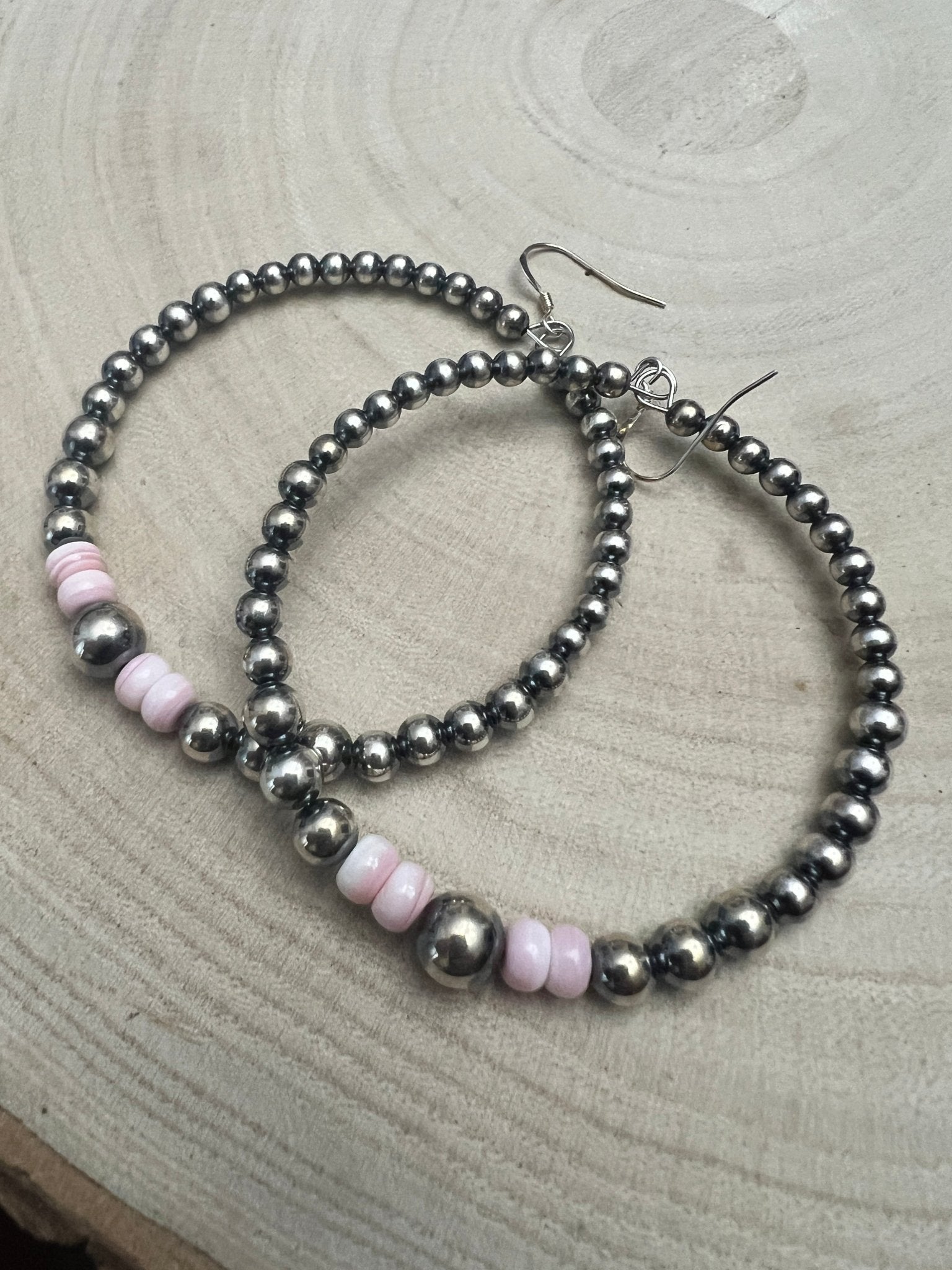 Big Sterling Pearl Hoops with Pink Conch — 2" × 1/2" Graduated 4-5-6-8mm (Handmade in Texas) - Cowhide and Conchos
