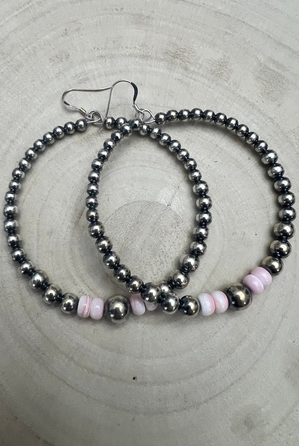 Big Sterling Pearl Hoops with Pink Conch — 2" × 1/2" Graduated 4-5-6-8mm (Handmade in Texas) - Cowhide and Conchos