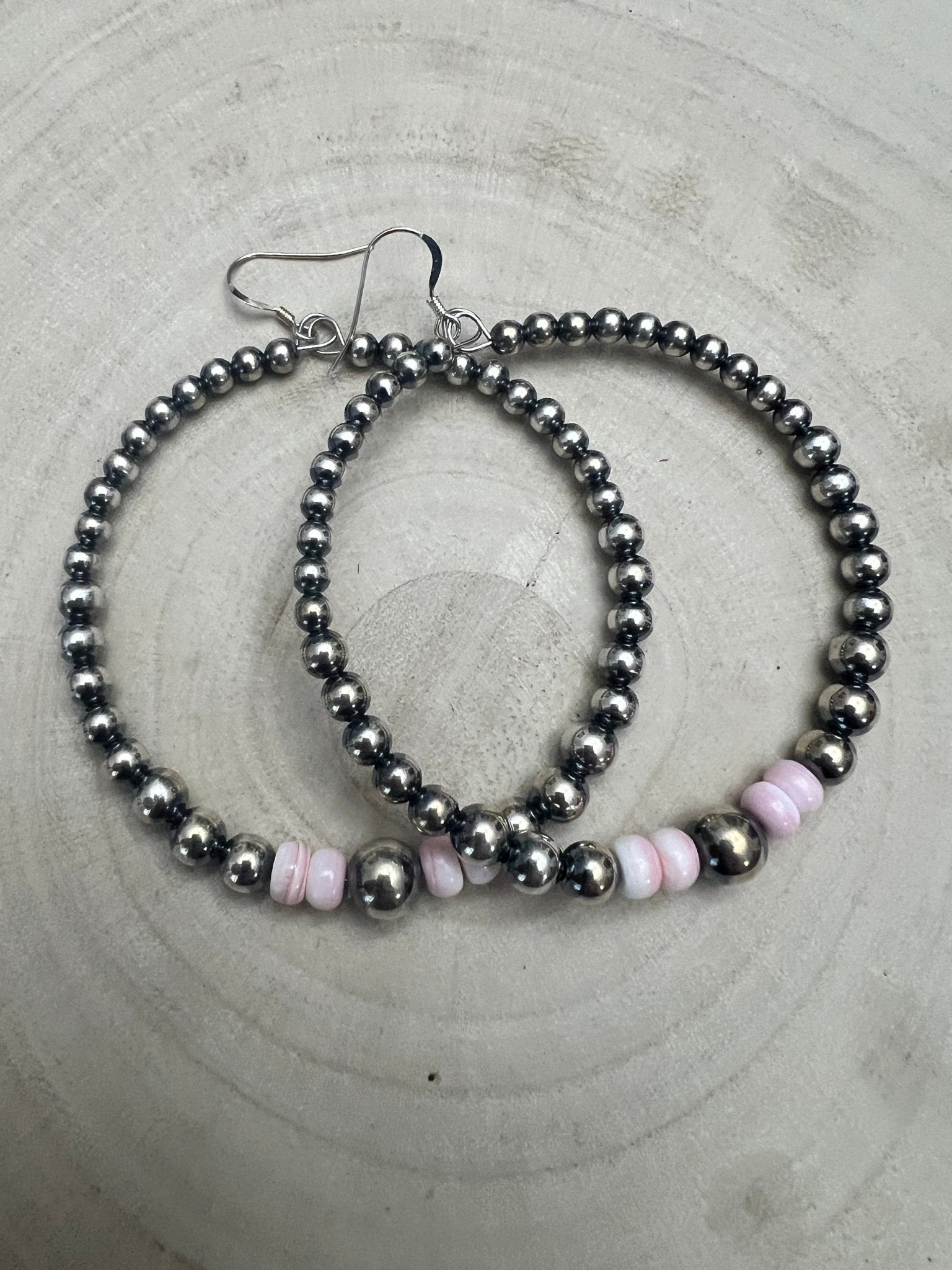 Big Sterling Pearl Hoops with Pink Conch — 2" × 1/2" Graduated 4-5-6-8mm (Handmade in Texas) - Cowhide and Conchos