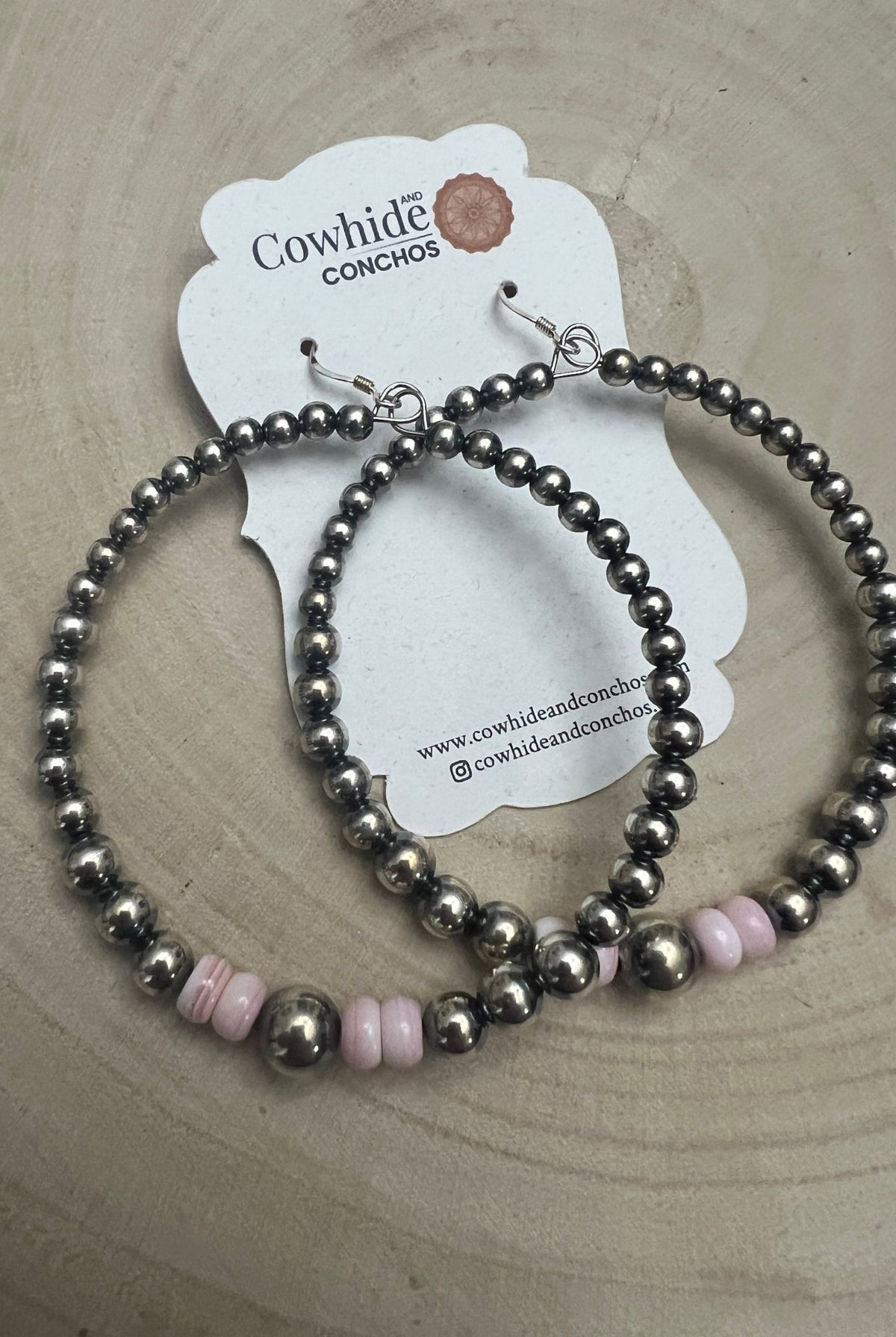 Big Sterling Pearl Hoops with Pink Conch — 2" × 1/2" Graduated 4-5-6-8mm (Handmade in Texas) - Cowhide and Conchos